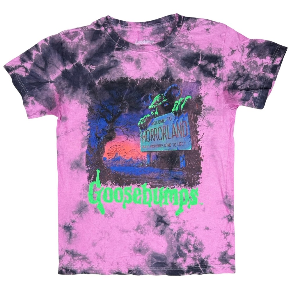 Goosebumps Horrorland Tie Dye Graphic Tee Pink Black Slime Spell Out S